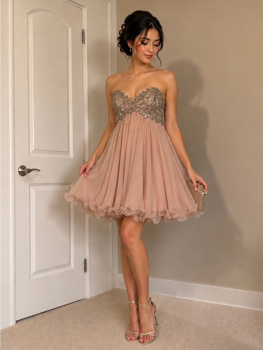 NWOT Xscape Strapless Embellished Mini Dress - Blush Pink - Size 10